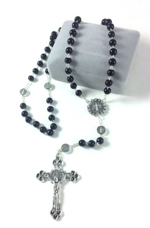 Saint Benedict Black Glass Bead Rosary
