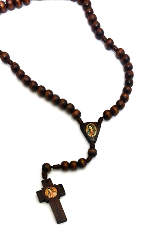 Our Lady of Guadalupe Brown Cord Wood Bead Rosary