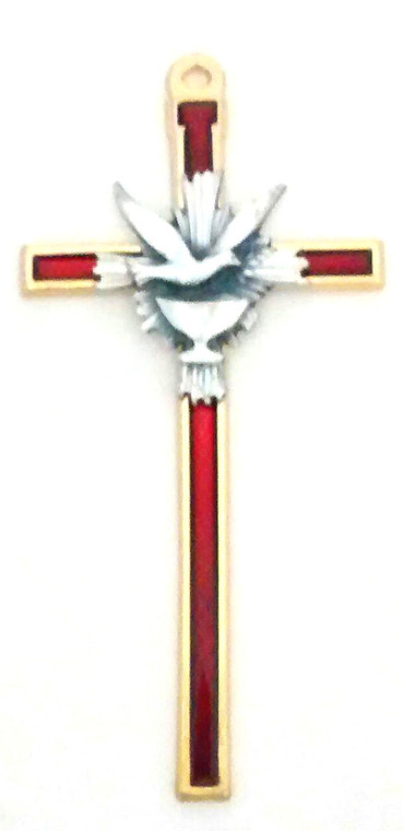 Red Enamel Hanging Confirmation Cross with Silver Tone Holy Spirit and Chalice, 5 Inch 46-705