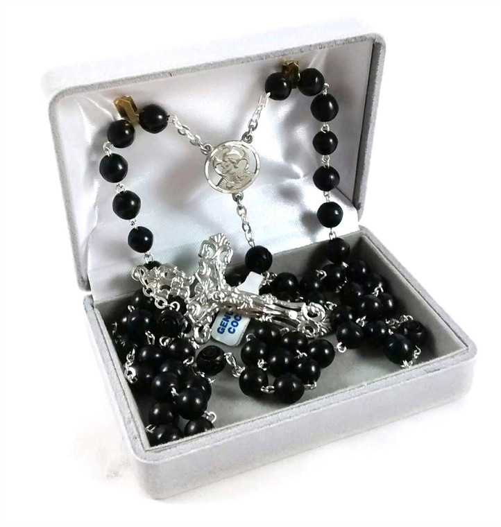 Silver Plated Genuine Black Cocoa Bead Rosary
