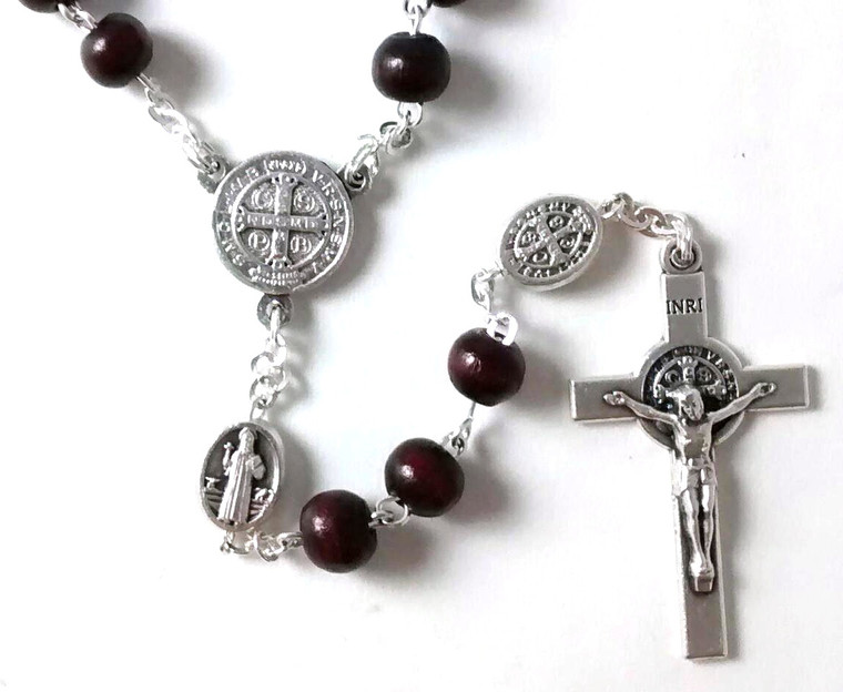 Saint Benedict Brown Wood Bead Rosary