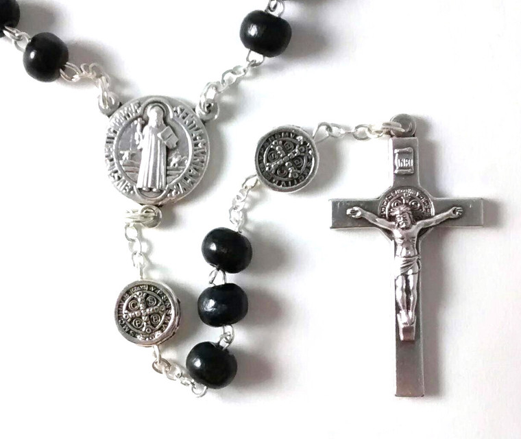 Shomali Saint Benedict Black Wood Bead Rosary
