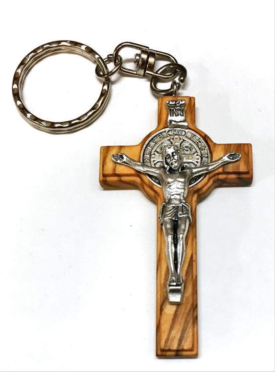 Saint Benedict Wood Crucifix Keychain