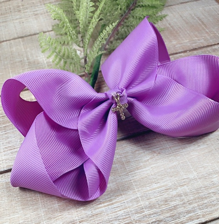 Purple 6 inch Clip-In Hair Bow with Rhinestone Cross Charm