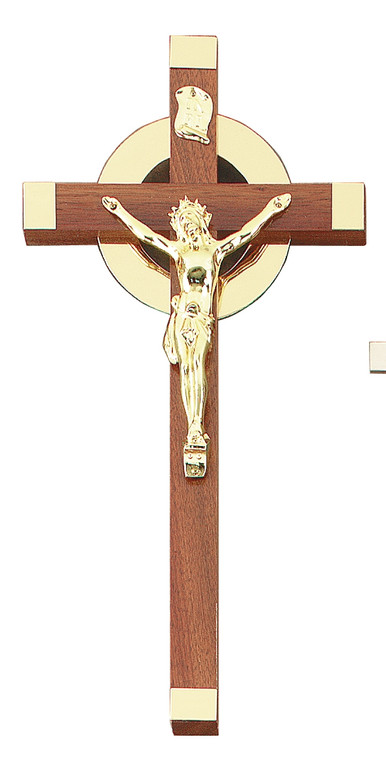 12" Walnut Sunburst Crucifix, 5" Bright Gold Corpus