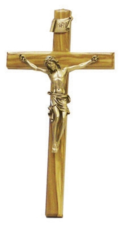 8" Beveled Edge Olive Wood Crucifix, 3.5" Antique Gold Finish Corpus