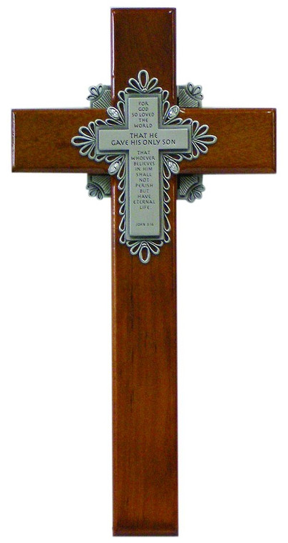 10" Cherry Holy Verse Cross, John 3:16 Pewter Plaque