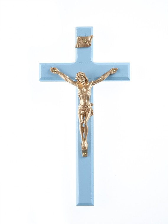 6.25" Crucifix, Blue Painted Walnut, 3" Antique Gold Corpus