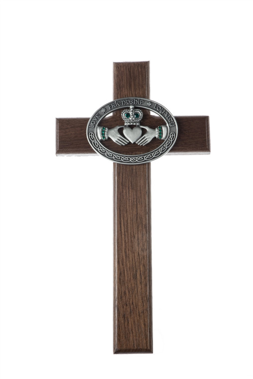 10" Walnut Wood Cross with Celtic Claddagh Depicting Love, Friendship, Loyalty Antique Pewter Finish With Emerald Green Stones