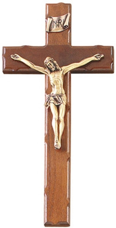 12" Walnut Notted Edge Crucifix, 5" Antique Gold Finish Corpus..
