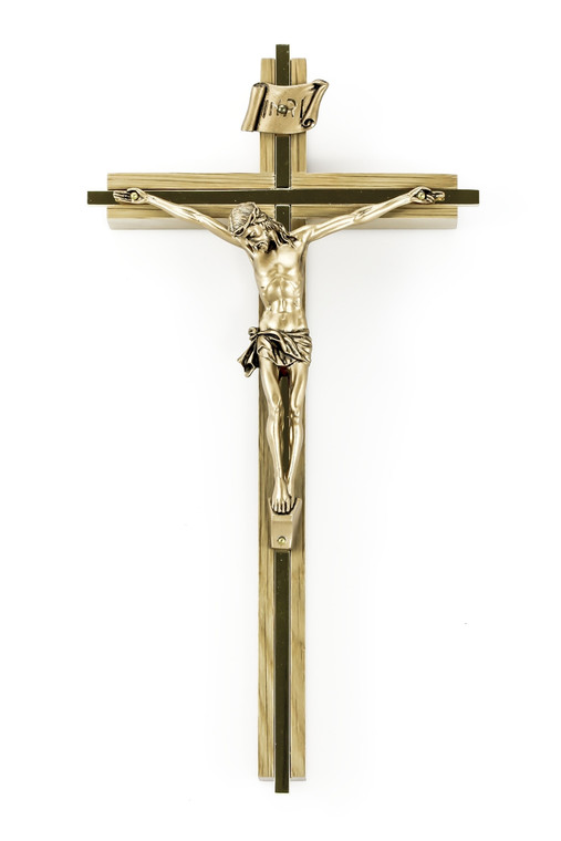 10" Oak Crucifix with Gold Plated Inlay, 4.5" Antique Gold Fini