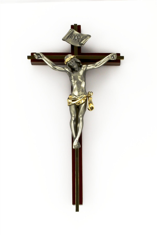 10" Walnut Crucifix, Gold Plated Inlay, 6" Two-Tone Pewter Corpus with Gold Crown and Sash