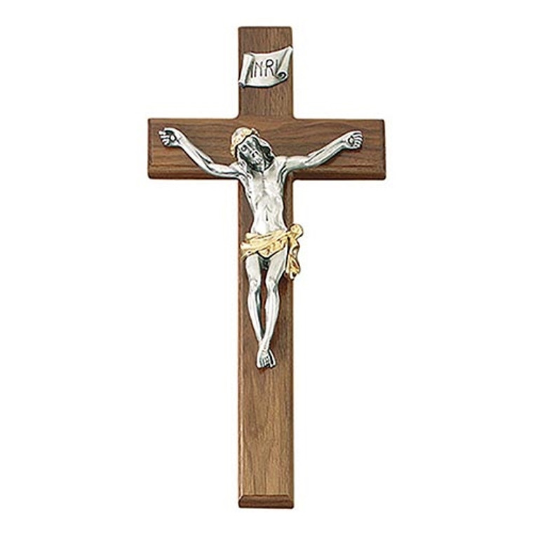 12" Walnut Crucifix, 6" Antique Pewter And Gold Two Tone Finish Corpus