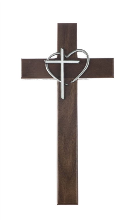 12" Walnut Wood Cross With Heart and White Epoxy Cross
