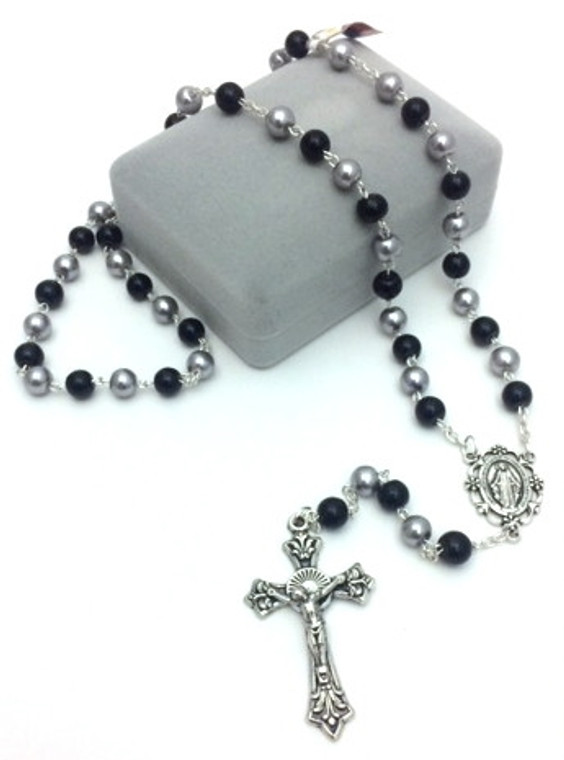 Silver and Black Glass Bead Rosary