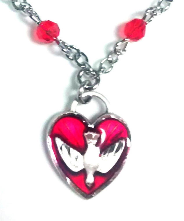 Sterling Silver Confirmation Heart Necklace with Red Glass Beads