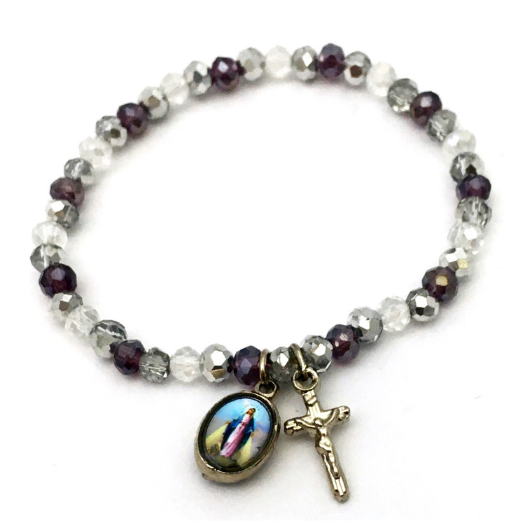 Child's Our Lady of Grace Purple Glass Bead Bracelet