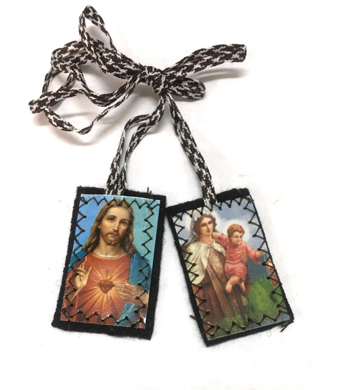 H-1 Sacred Heart of Jesus and Our Lady Brown Scapular with Brown/White Cord PL909