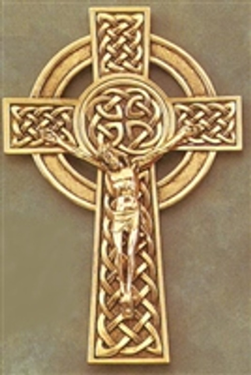 8"  Fine Pewter Gold Finished Knotted Celtic Crucifix JC-9222-K