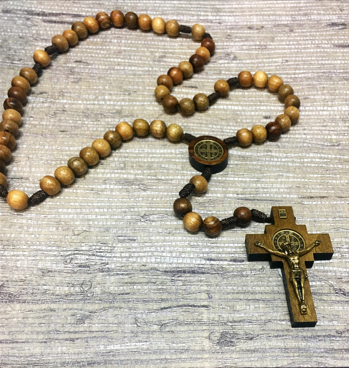 Saint Benedict Brown Wood Bead Cord Wood Rosary