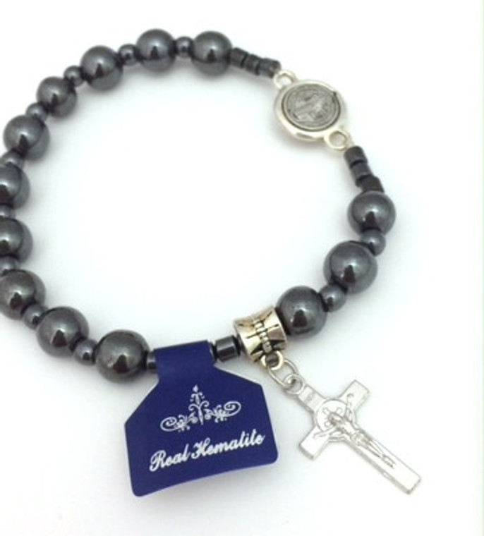 Saint Benedict Real Hematite Bead Rosary Bracelet