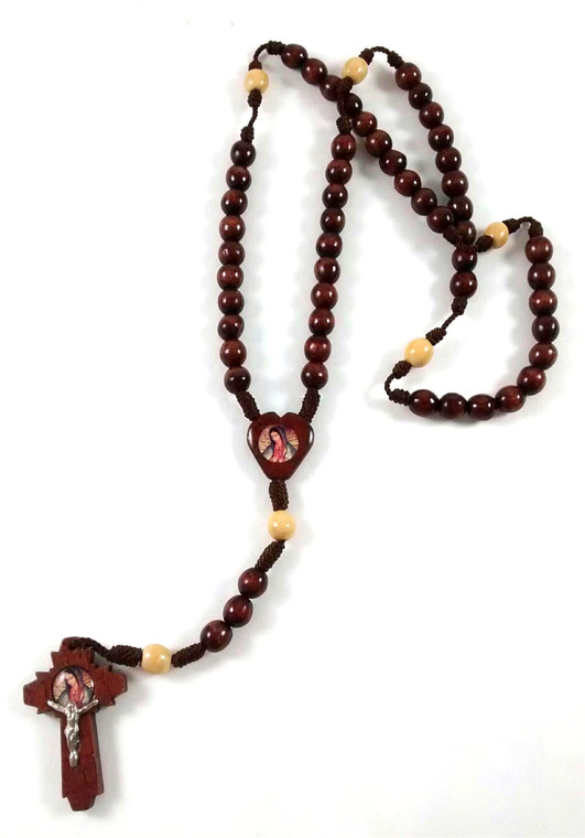 Brown Saint Jude and Our Lady of Guadalupe Round Wood Bead Cord Rosary