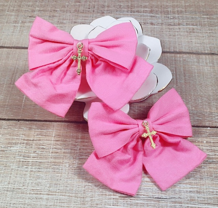 2 Pack Light Pink Clip-In Hair Bows with Cross Charm