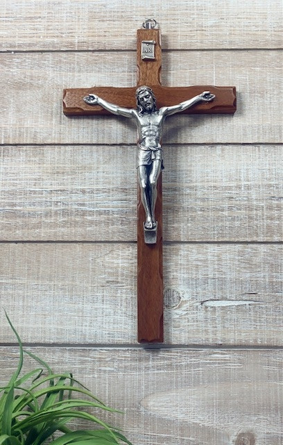 10 inch Wood Cross with Silver Corpus CX98
