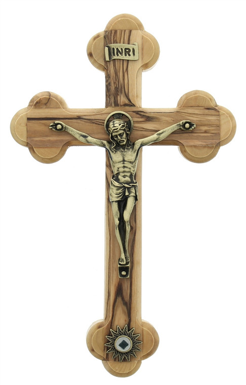 8" Olive Wood Oriental Crucifix with Relic Touched to the Tomb of Jesus