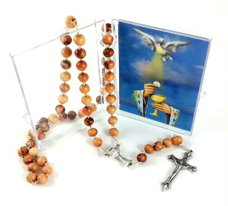 First Communion Olive Wood Bead Rosary with Holy Card