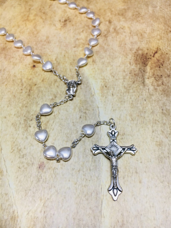 First Communion White Heart Shaped Bead Rosary