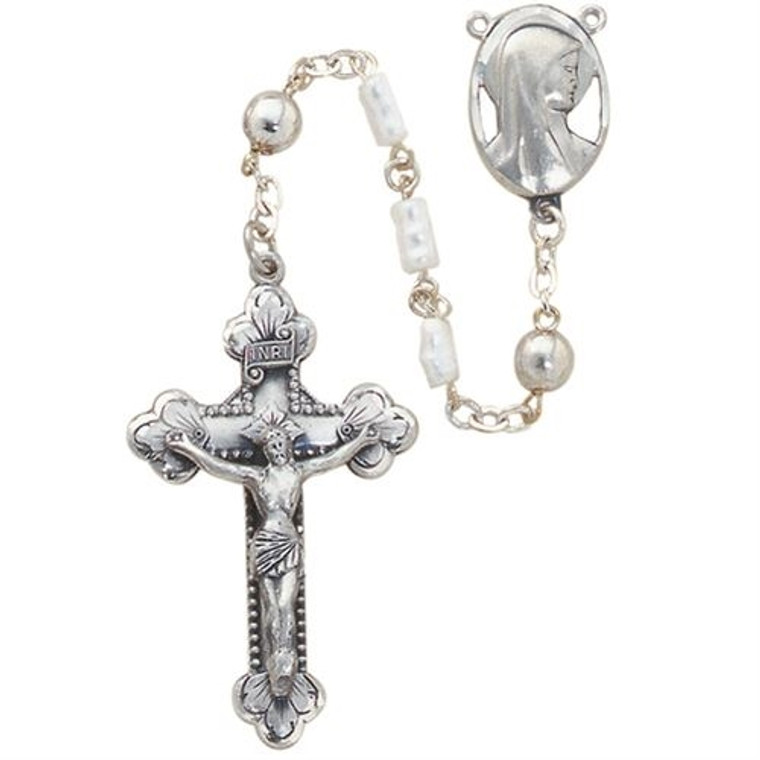 Sterling Silver Rice Pearl Rosary - SP48