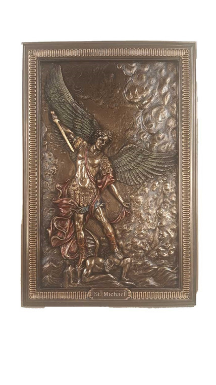 St. Michael Plaque Cold Cast Bronze Lightly Hand-Painted 6x9" STANDS/HANGS