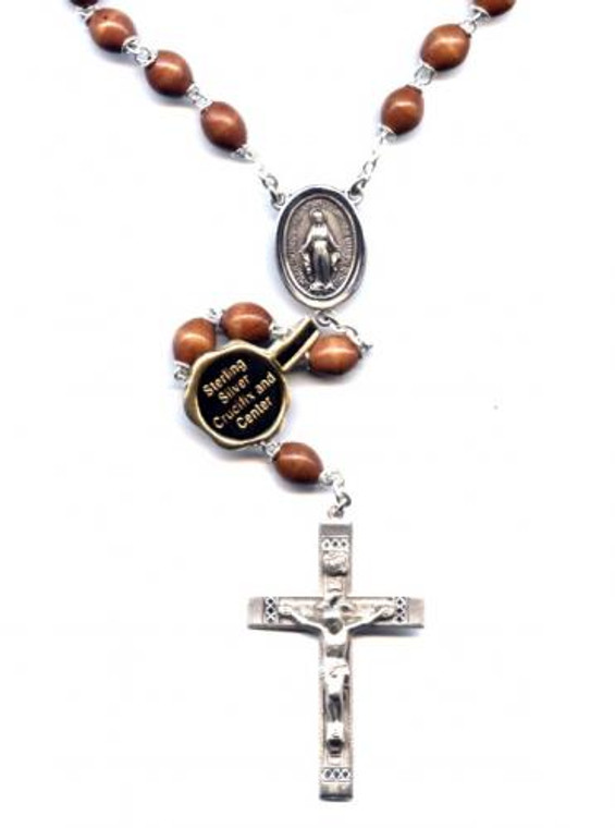 Sterling Silver Wood Bead Rosary