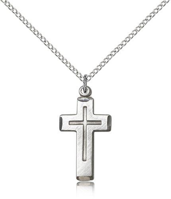 Sterling Silver Cross Pendant, Lite Curb Chain, 7/8" x 1/2"