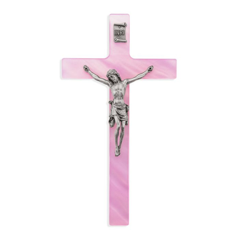 7" Pearlized Pink Cross with Pewter Corpus