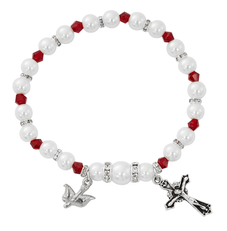 Garnet Confirmation Bracelet with Pearl White Beads and Crucifix B214