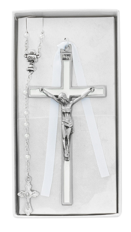 White Enameled Crucifix and Rosary CBS3