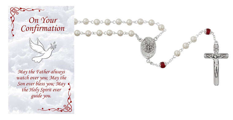 Pearl With Red Beads Confirmation Rosary P536RC