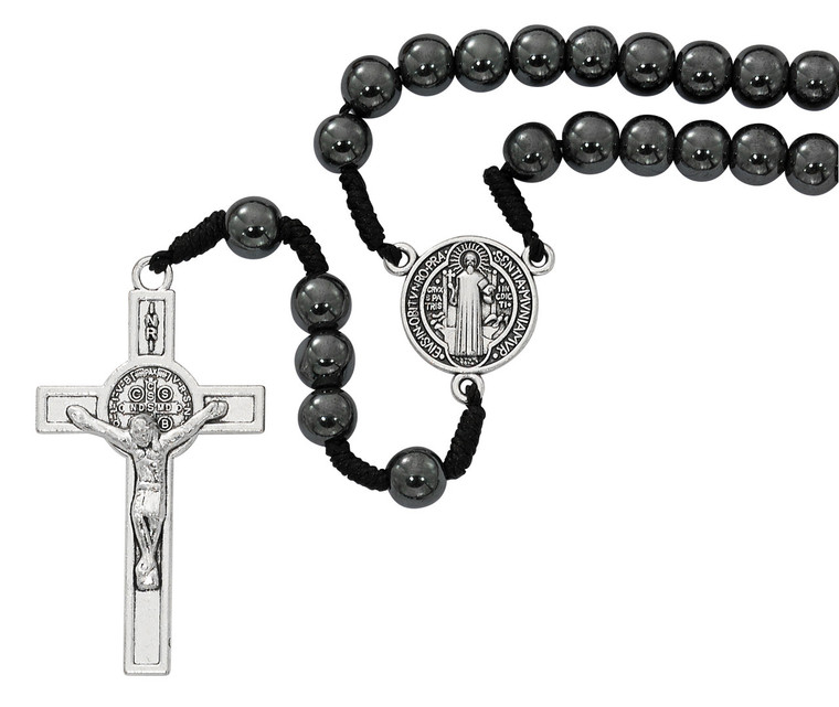 8MM Cord St. Benedict Hematite Rosary Boxed P390R