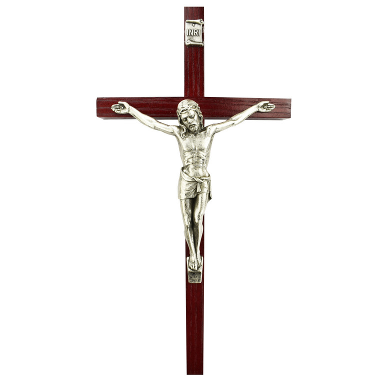 10" Cherry Wood Crucifix with Silver Corpus