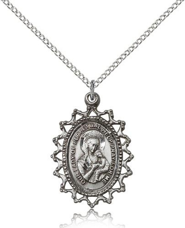 Sterling Silver Our Lady of Perpetual Help Pendant, Lite Curb Chain, 1" x 3/4"