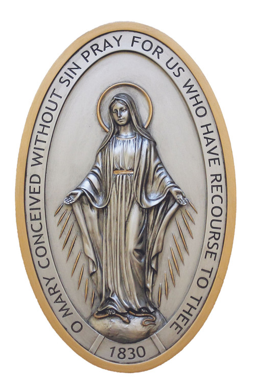 Miraculous Medal Plaque in Pewter Style with Gold Highlights