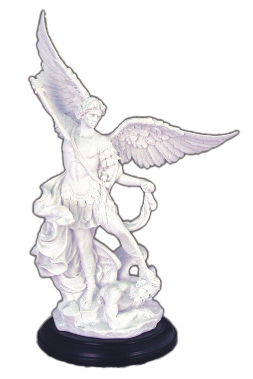 SR-74997-W St. Michael in White on a Black Wood Base