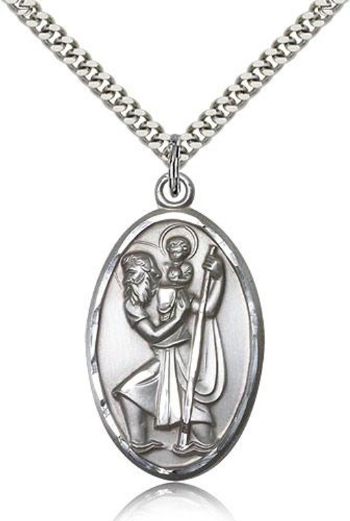 Sterling Silver St. Christopher Pendant, Stainless Silver Heavy Curb Chain, 1 3/8" x 3/4"