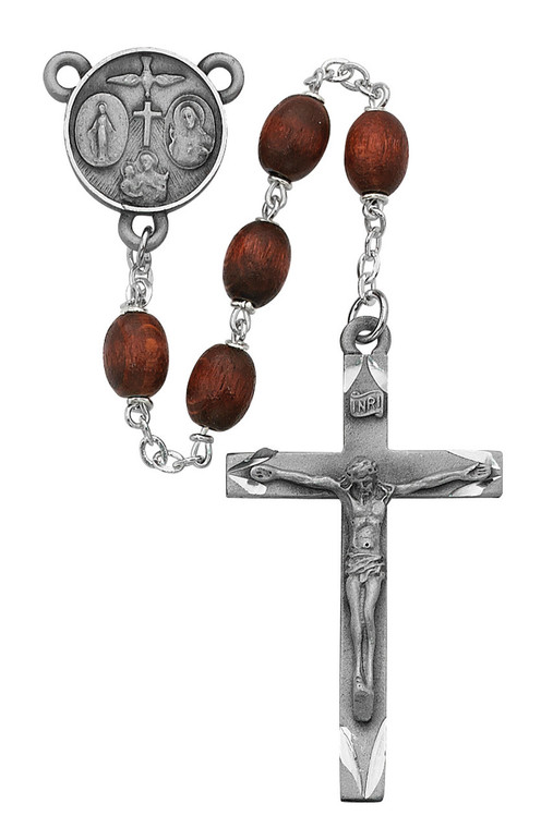 Four Way Brown Wood Oval Rosary