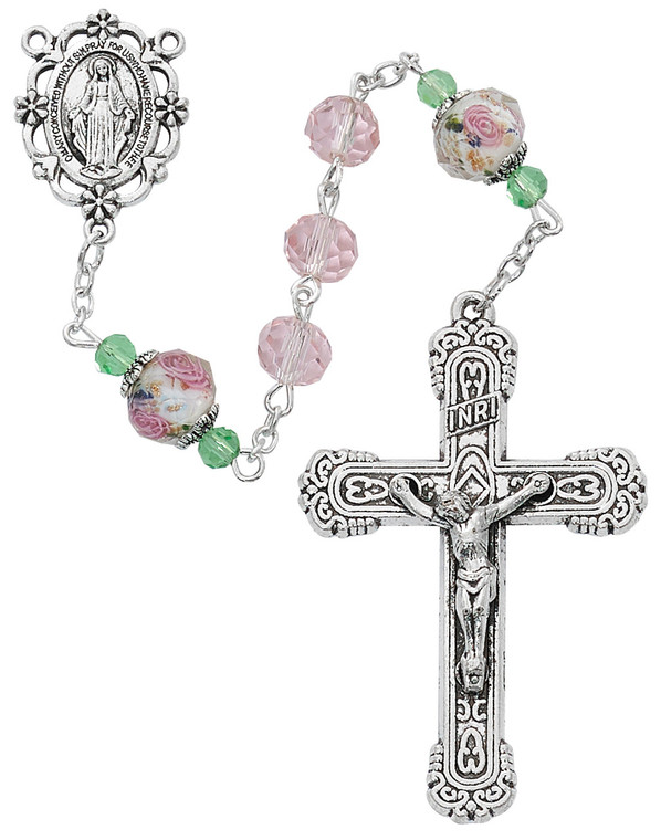 Blessed Mary Pink Crystal Flower Rosary