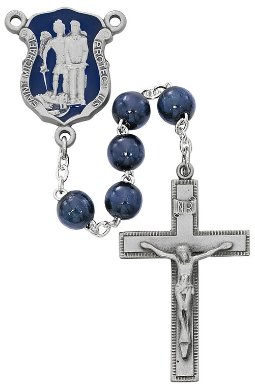 Saint Michael Police Badge Blue Wood Rosary
