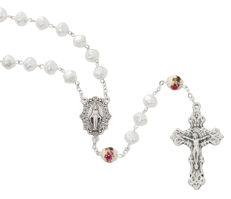 8mm Pearl Rosary with Capped Ceramic Flower Our Father Beads R968F