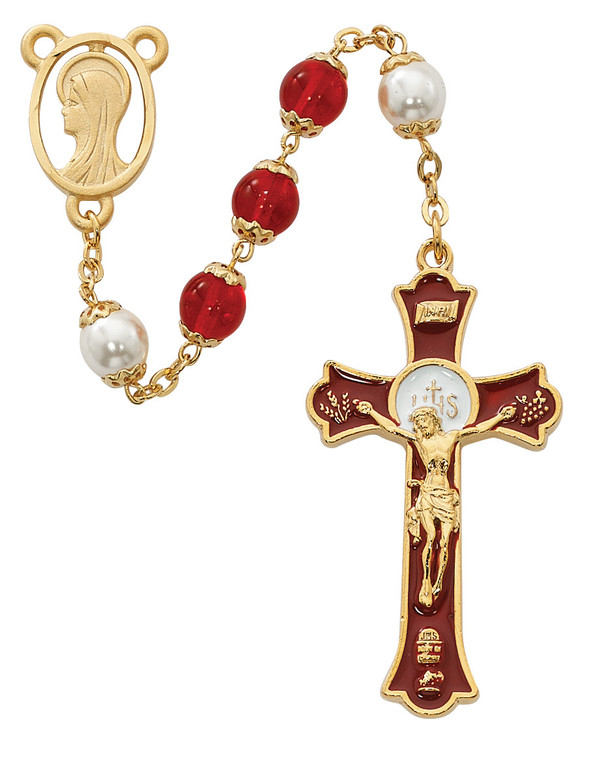 8mm Red and Pearl Capped Glass Rosary with Holy Mass Crucifix R557HF